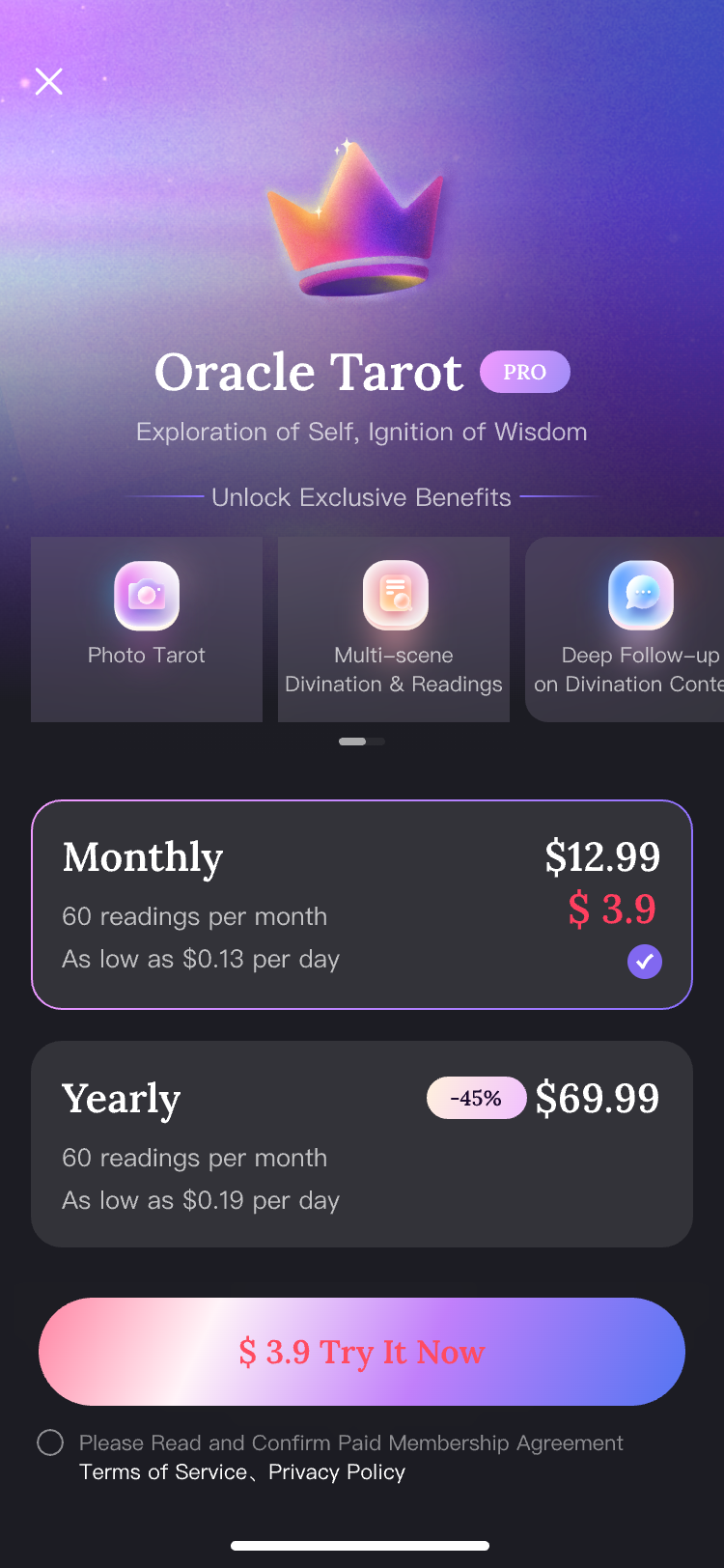 Oracle Tarot 会员订阅页面