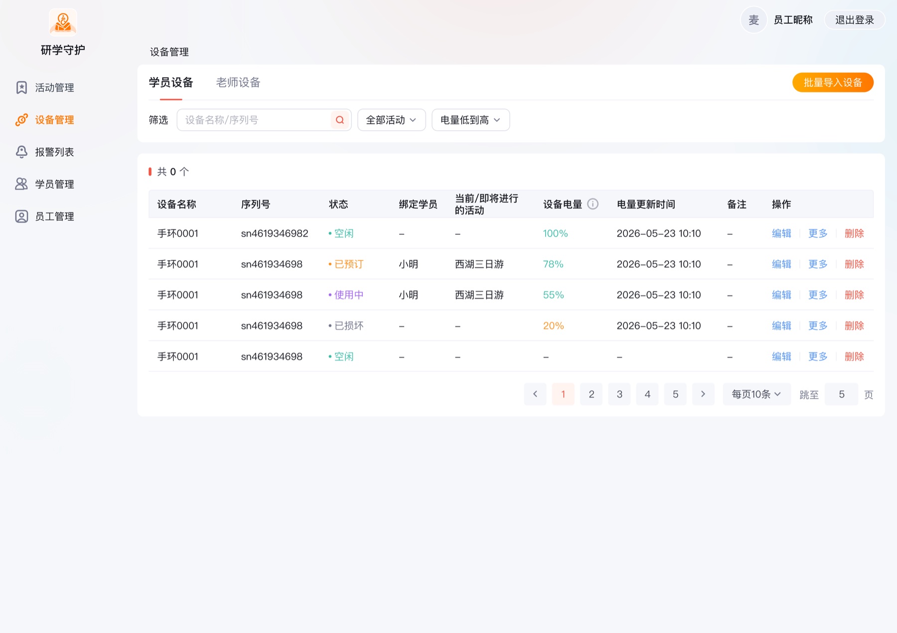 设备管理表格同时呈现手环序列号、状态、绑定学员、当前活动、电量和更新时间
